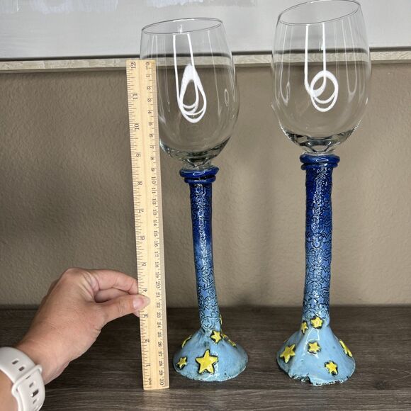 Signed Art Pottery Stem Wine Glasses 15"h Hand Painted Boho Unique Shelley Stars - Picture 3 of 5